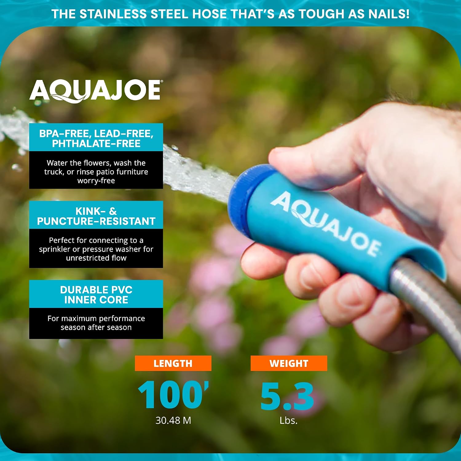 Aqua Joe 50-Foot Heavy Duty Garden Hose, Spiral 304 Stainless Steel Metal Hose, Puncture Proof, 1/2 Inch Diameter with Aluminum Fittings, AJSGH50