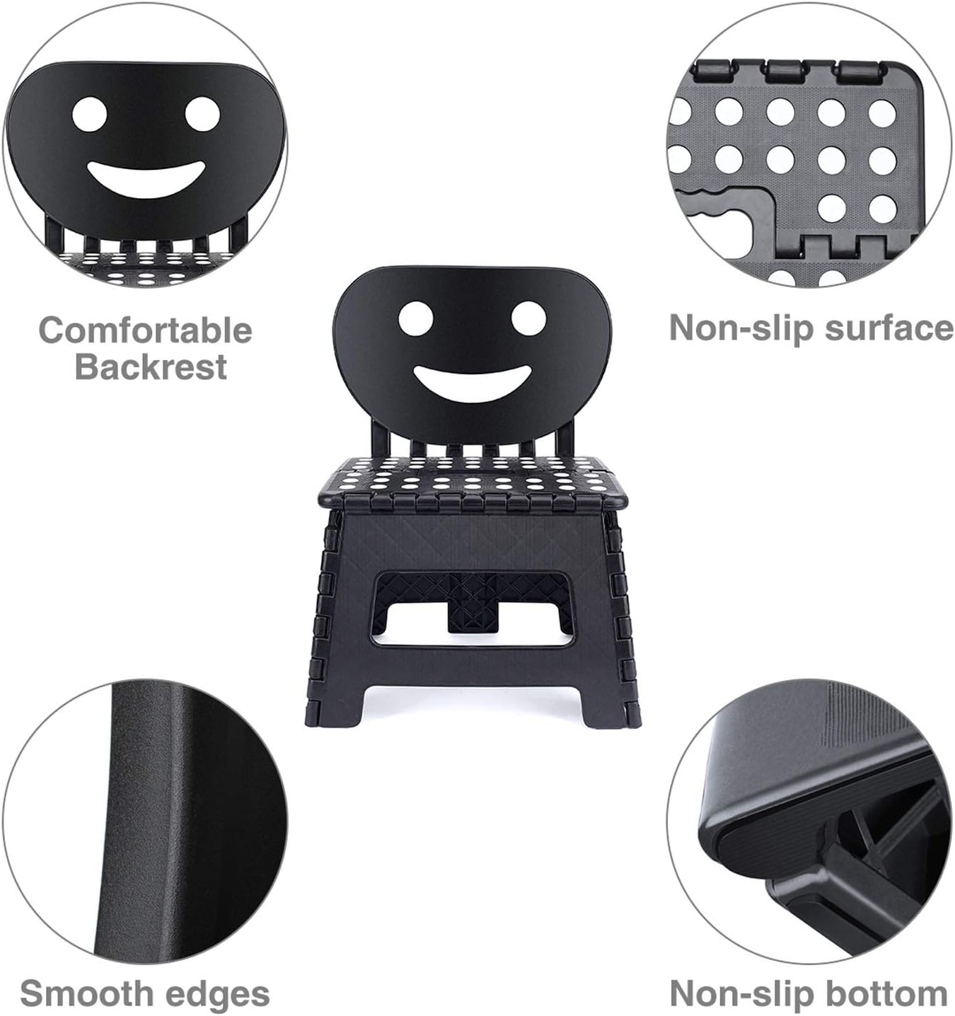 11 Inch Folding Step Stool for Kids, Non-Slip Foldable Stools, Black | Heavy Duty Collapsible Foot Stool, Lightweight with Built-in Handle, Holds 300 lb for Adults Kitchen Bathroom Bedroom Outdoor