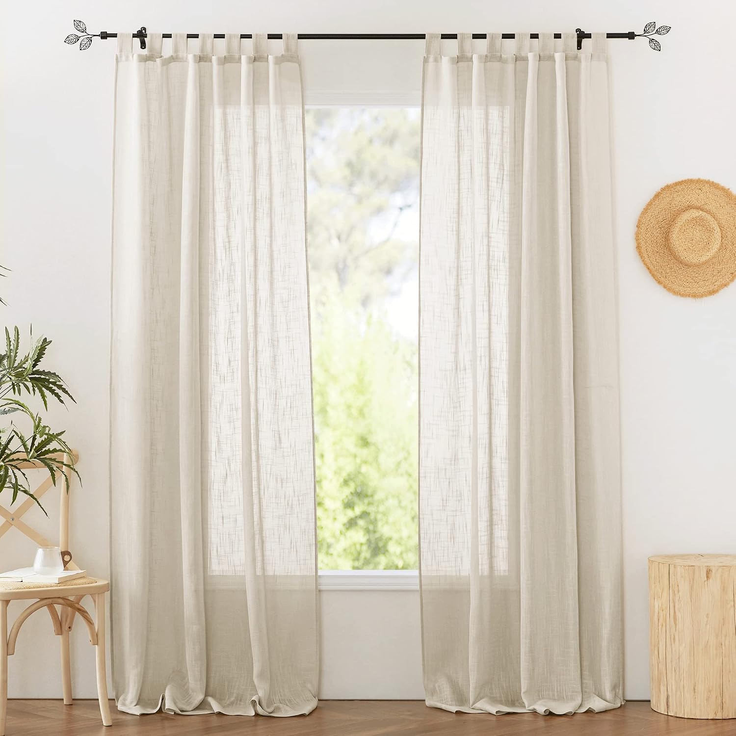 RYB HOME Linen Sheer Curtains - Linen Textured Semi Sheer Curtains for Kids Nursery Bedroom Living Room Window