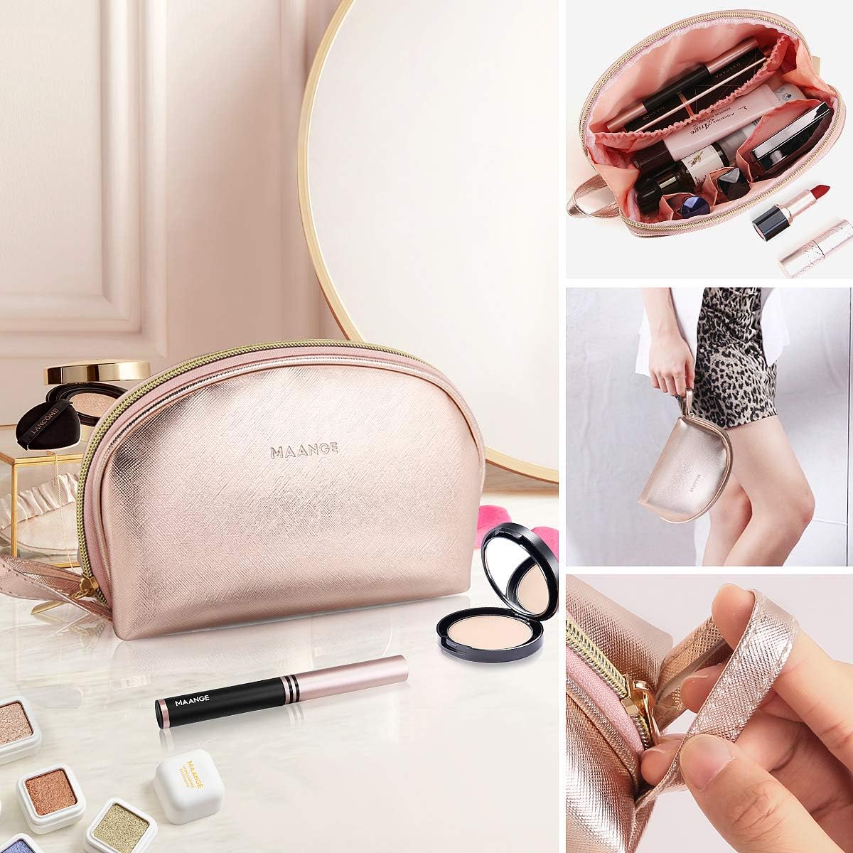 MAANGE 3 Pcs Makeup Bag Portable Travel Cosmetic Bag Large Makeup Bag Organizer with Gold Zipper Waterproof Toiletry Bags for Women and Girls(Rose