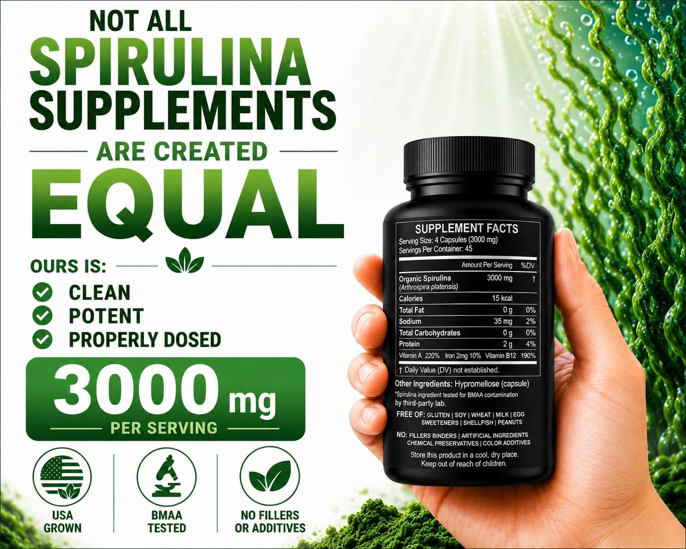 Spirulina Powder Capsules 3000 mg - Purest Non-Irradiated Blue Green Algae - Best Raw Vegan Protein - Green Superfood - Natural Multivitamins –