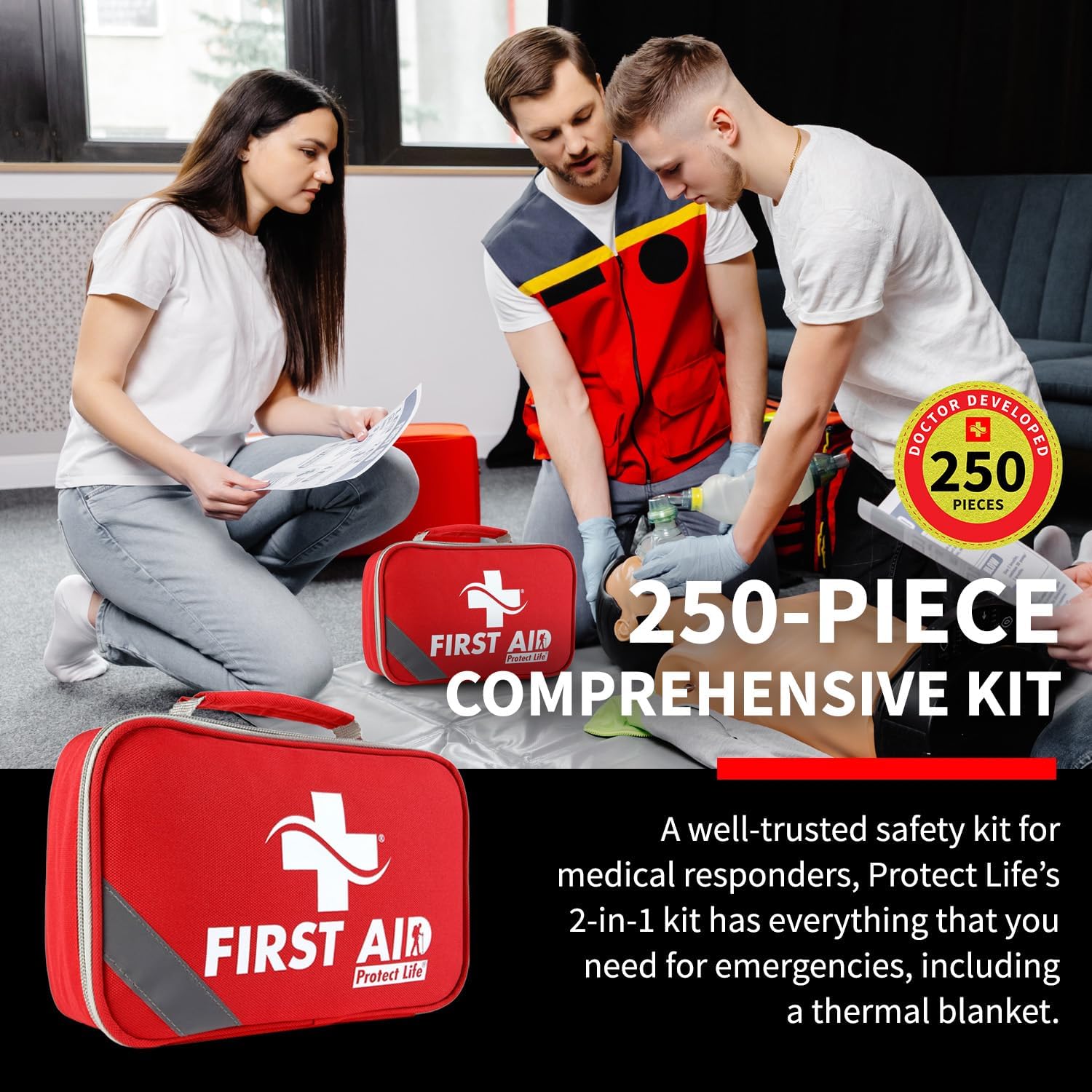 Protect Life Travel First Aid Kit for Car - Small Mini Emergency Kit, 100 Piece Waterproof First Aid Kit for Home, Camping, Boat & Hiking - Includes Emergency Blanket & First Aid Guide