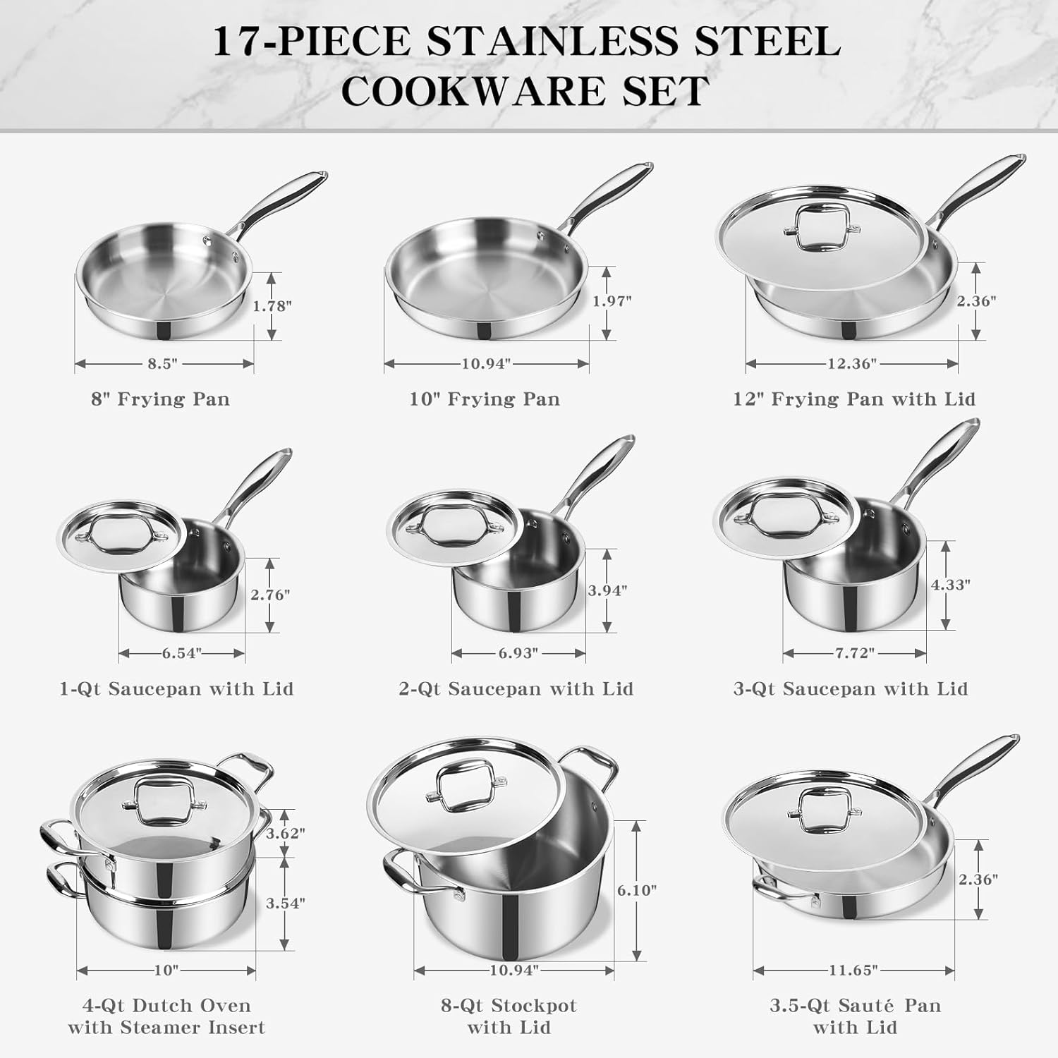 EWFEN Stainless Steel Cookware Set, 3 Ply 17 Piece Stainless Steel Pot and Pan Set, Oven Dishwasher Safe | Induction Compatible Frying Pans, Saucepans