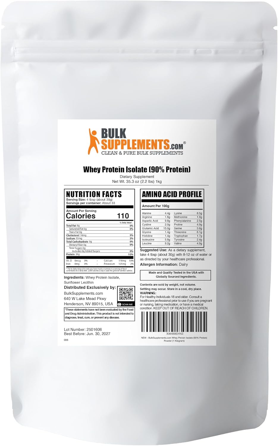 BulkSupplements.com Whey Protein Isolate Powder - Unflavored Whey Protein Powder, Nutritional Supplement - Gluten Free, 30g per Serving, 1kg (2.2 lbs) (Pack of 1)