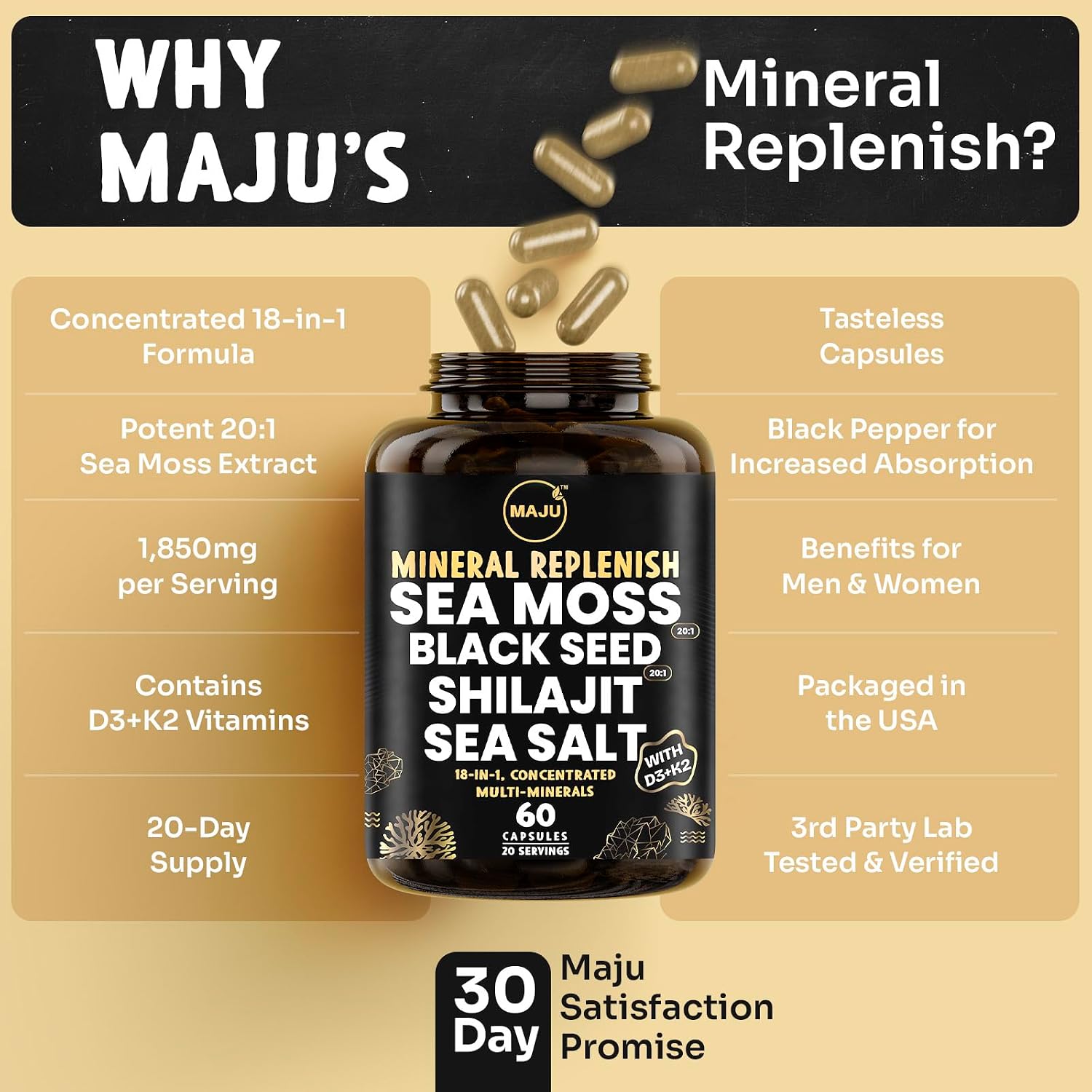 MAJU 4-in-1 Organic Sea Moss Capsules, Wild Chondrus Crispus, Seamoss w/Bladderwrack + Burdock Root, Stronger Than Gel, Irish