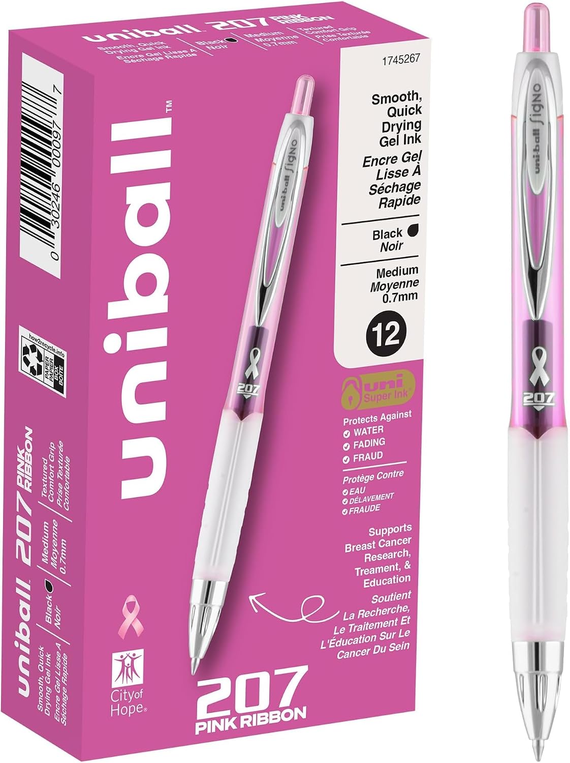 uniball™ 207 Gel Pens, Black Ink, 0.7mm Medium Point, Retractable, 12 Count | Smooth Writing, Fraud-Resistant, uni Super Ink™
