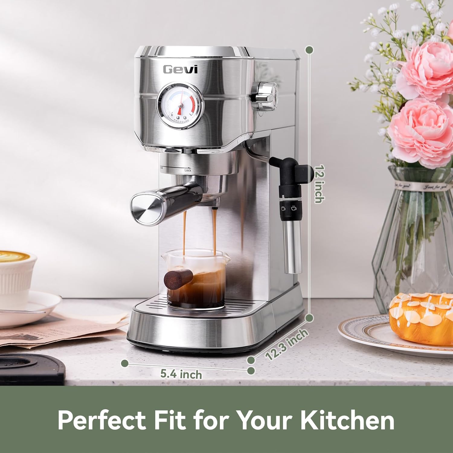 Gevi 20 Bar Espresso Machine with Milk Frother, Compatible with Pods&Ground | Compatible with Nespresso Pods&Ground, Built-in pressure gauge