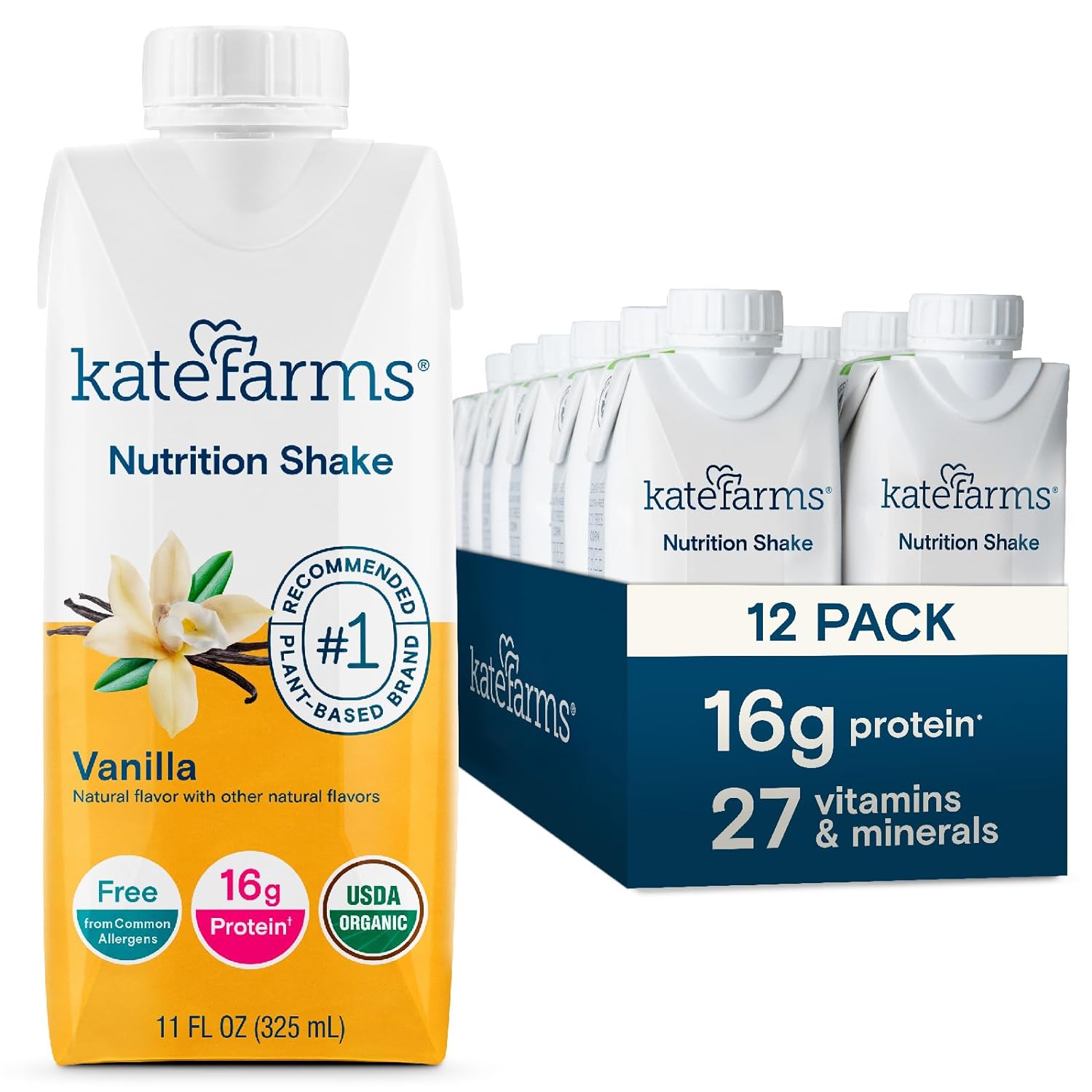 KATE FARMS Organic Nutrition Shake, Chocolate, 16g Protein, 12 Pack