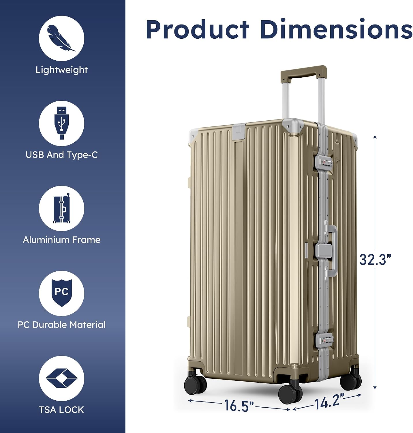 ALPHA CAMP Trunk Luggage 28 Inch with Aluminum Frame Zipperless Suitcase | Large Checked Thickened 3-Layer PC Hardside Luggage with TSA Lock,Charging Port,Cup Holder and Spinner Wheels for Travel