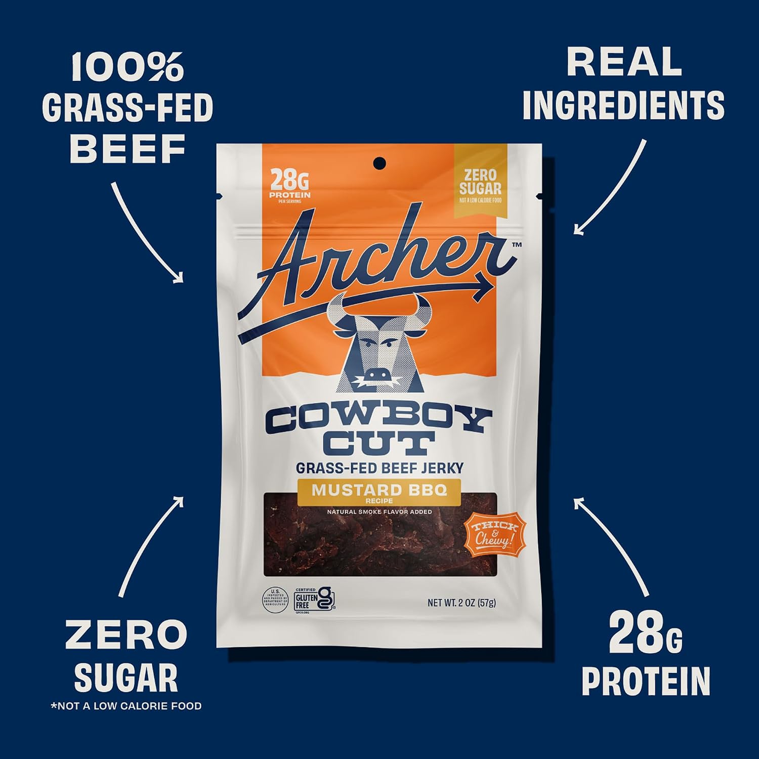 Archer Jerky Cowboy Cut Beef Jerky, Old Fashioned, Zero Sugar- 2 Oz, 6 Pack