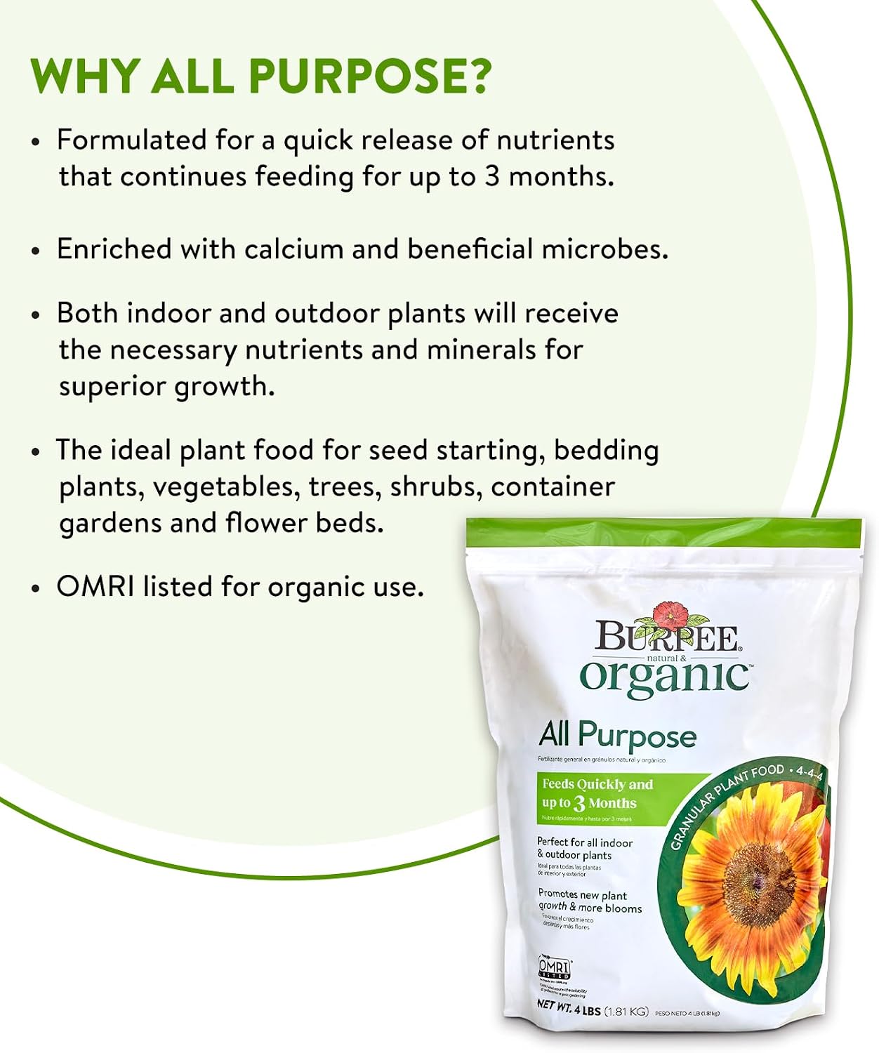 Burpee Natural Purpose Granular 4-Lb Organic Food for Growing Strong Plants | Good for Vegetable Garden, Flower Garden & Seed Starting, 4 lb, 4lb. Bag