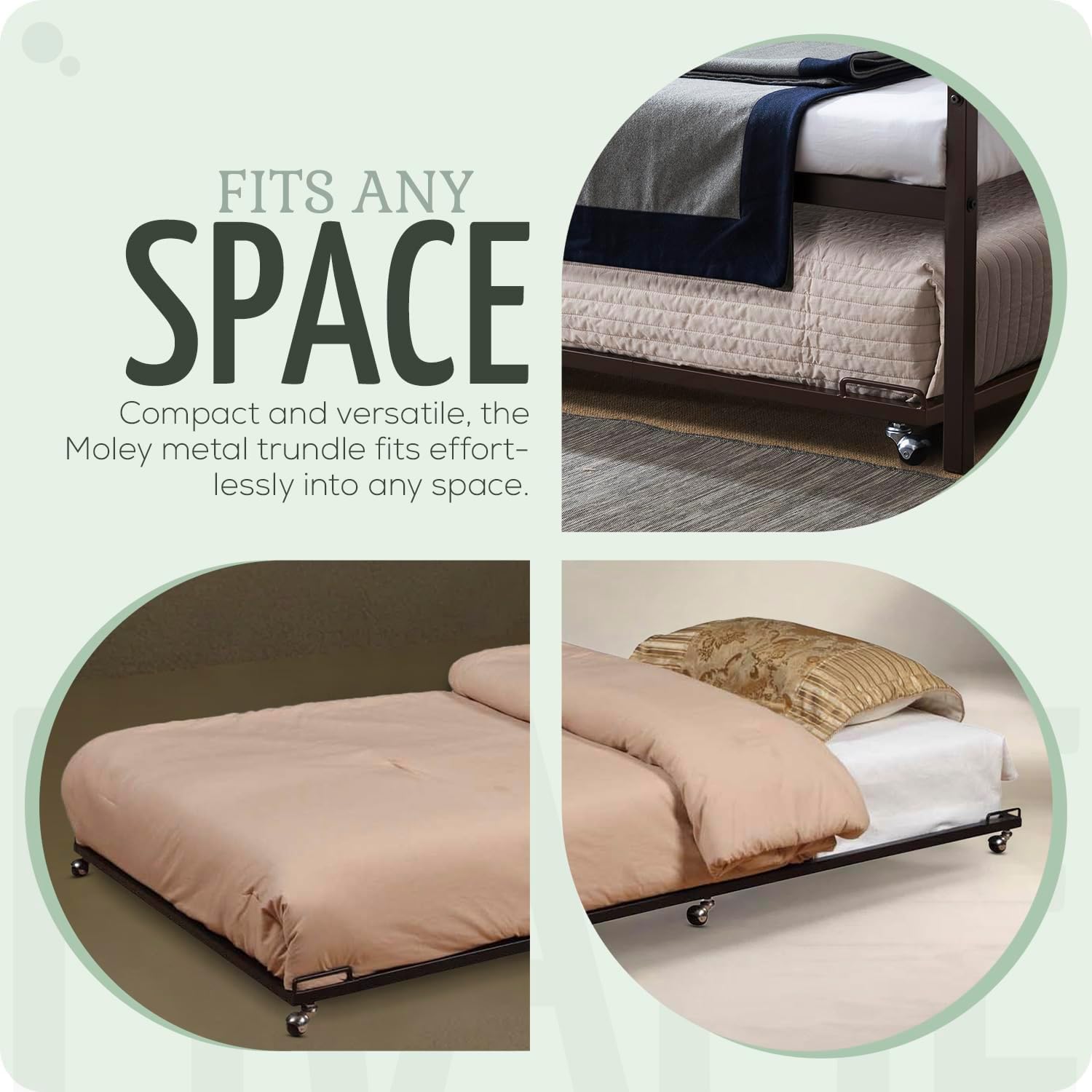 2K Furniture Designs - Twin Size Black Metal Roll Out Trundle Bed Frame for Daybed | Space-Saving Guest Bed - Slides Under Daybeds for Overnight Visitors, Dorms, and Small Spaces