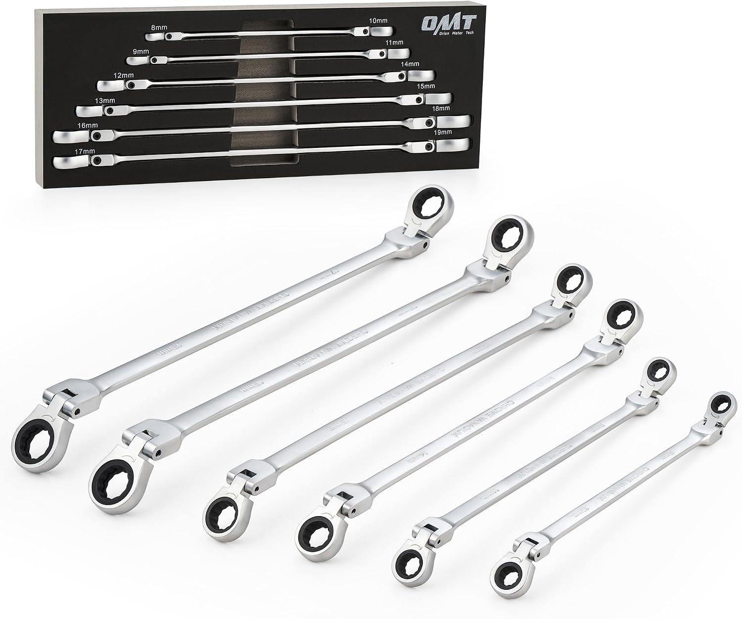OMT 6Pc Metric Extra Long Flex-Head Ratcheting Wrench Set, 8-19mm Range | Durable 40CrV Steel Build, 72-Tooth Gearing, 180° Rotating Flex-Head