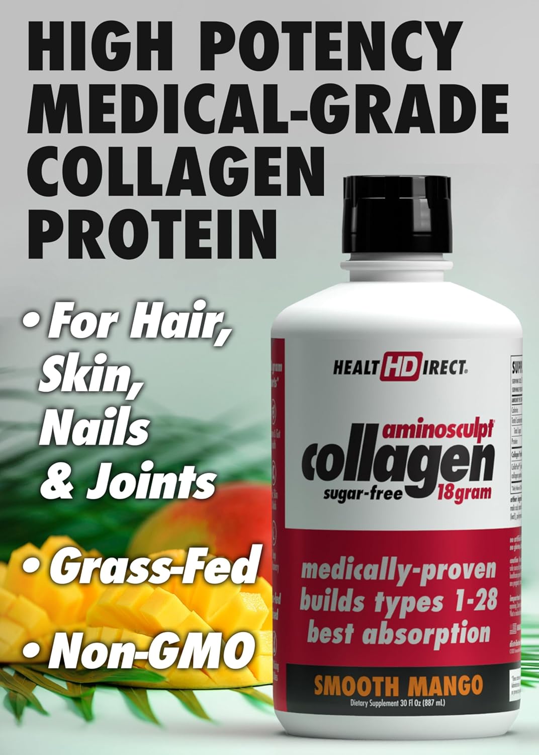 HEALTH DIRECT AminoSculpt Sugar-Free Liquid Collagen, Tart Cherry, 30 oz | High-Potency Collagen for Men & Women. Supports Hair, Skin, Nails & Joints. Medical-Grade, No Mixing, Non-GMO & Grass-Fed