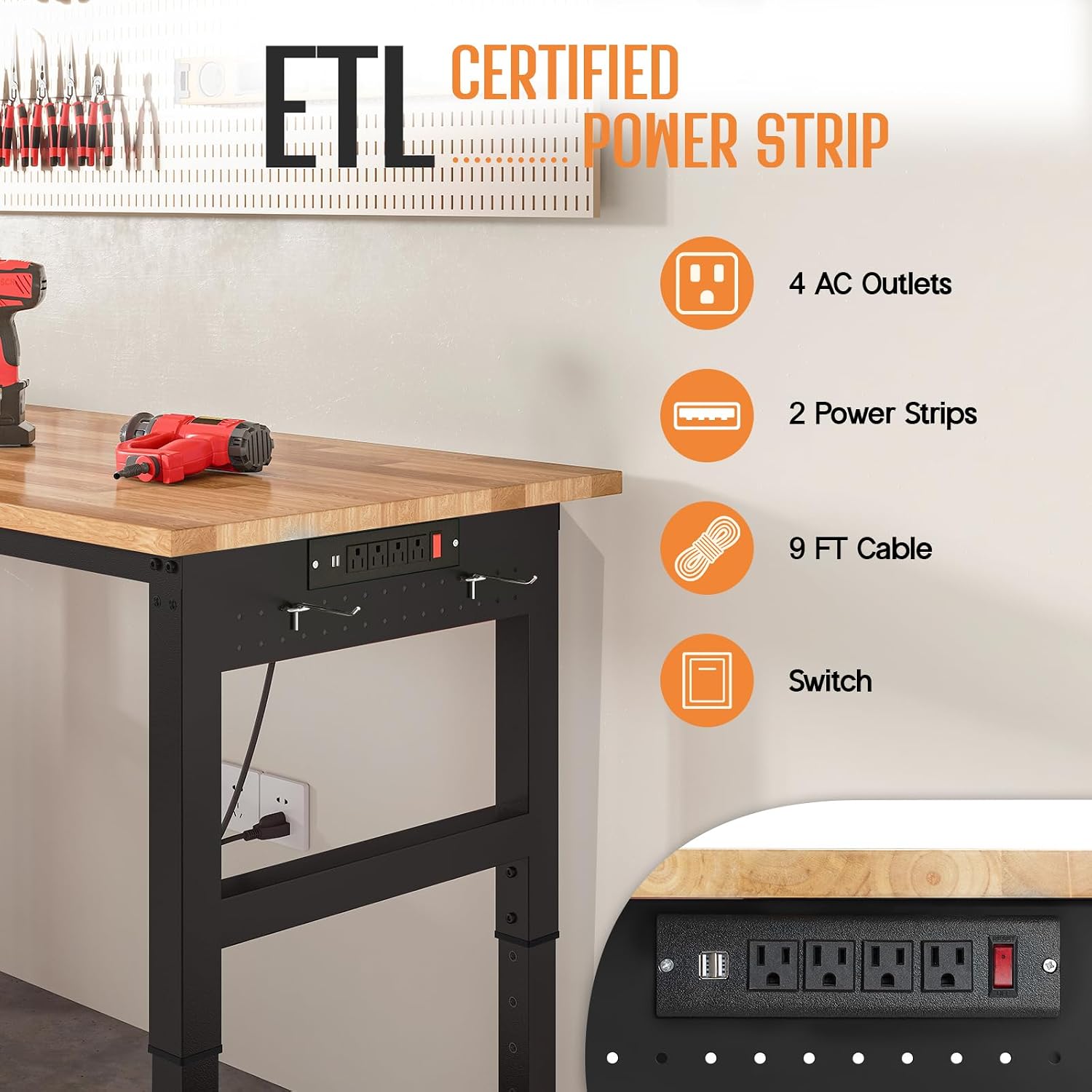 SPECRAFT Adjustable Black Heavy-Duty Workbench | 2000 Lbs Capacity, Rubber Wood Top, 4 AC Outlets and 2 USB Ports, for Garage, Workshop and Office