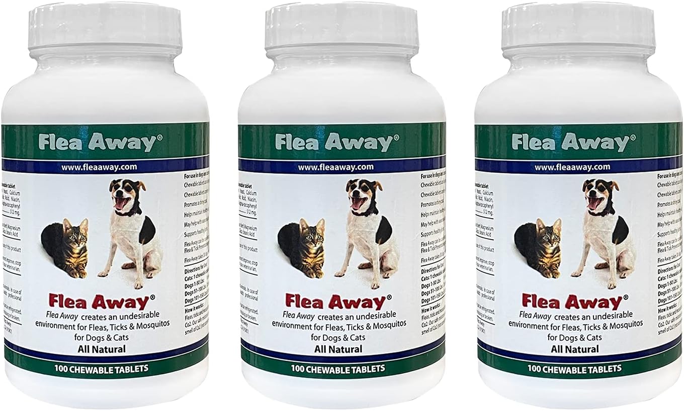 Flea Away All Natural Supplement for Fleas, Ticks, and Mosquitos Prevention for Dogs and Cats, 100 Chewable Treat Tablets, Single