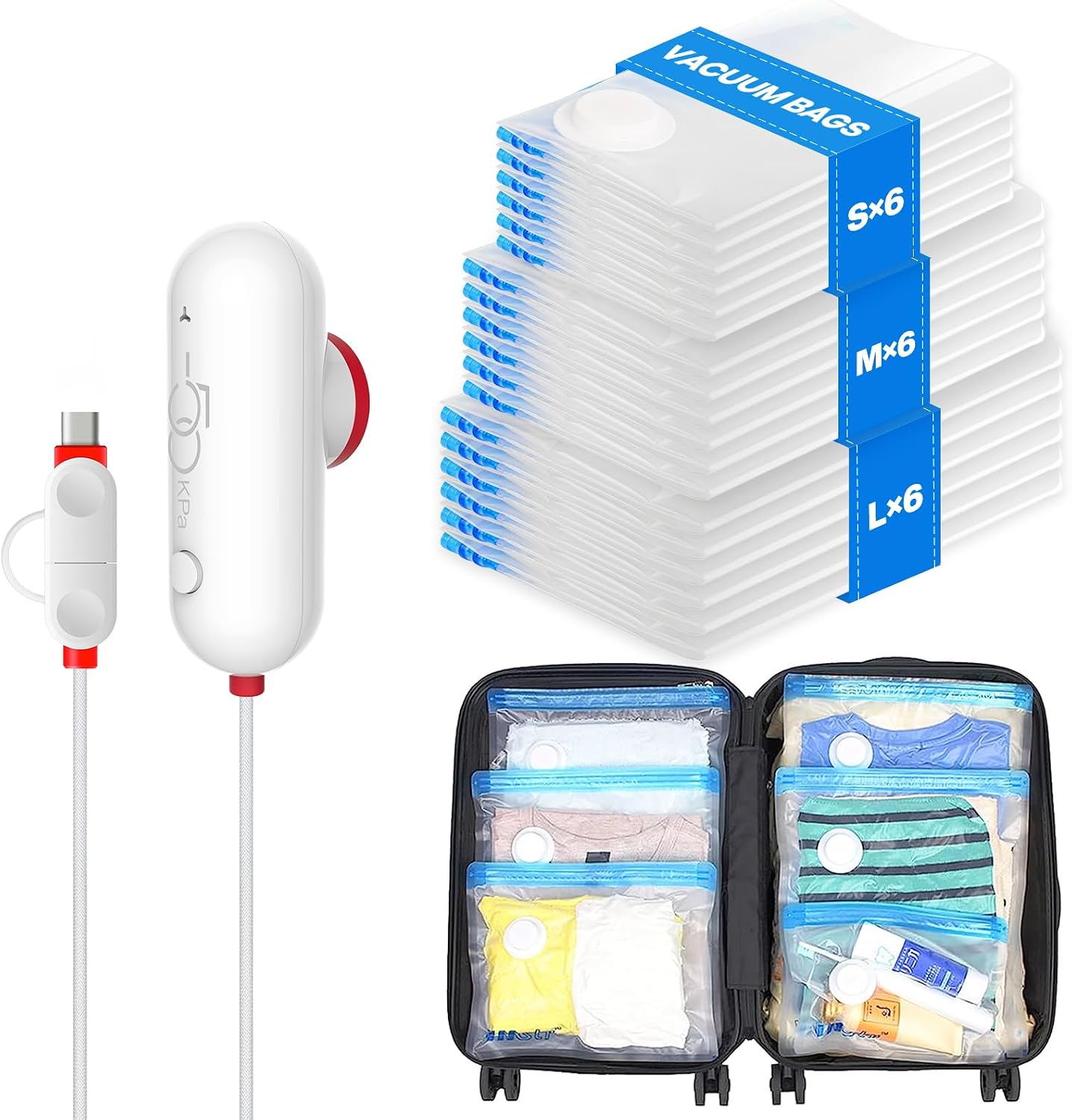 VMstr 15 Pack Travel Vacuum Storage Bags with USB Pump, Vacuum Packing Seal for Luggage and Suitcase, Space Saver for Clothes and Clothing Travel
