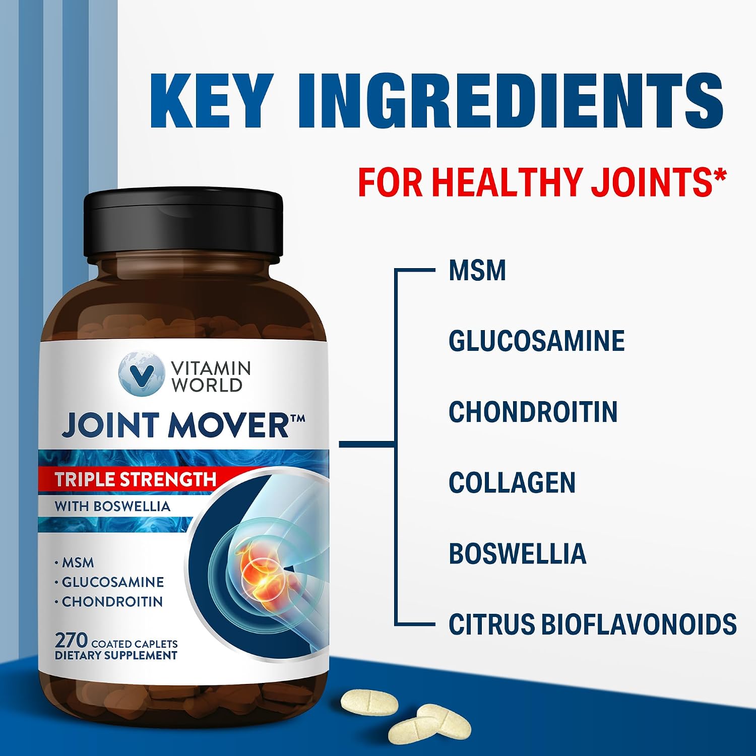 Vitamin World Triple Strength Joint Mover, Glucosamine Chondroitin with MSM | Joint Support Supplement, Collagen & Boswellia Serrata Extract, Support Joint Strength, Comfort & Flexibility, 270 Caplets