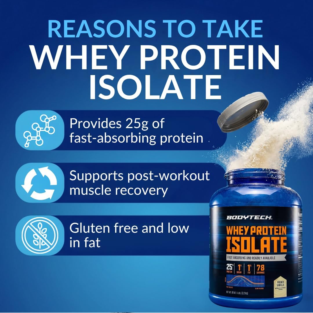 BodyTech Whey Protein Isolate Powder, French Vanilla, 1.5 LB, 23 Servings | 25G Protein per Serving, High Concentrated Protein Powder With Amino Acids & BCAAs for Men and Women, Gluten Free