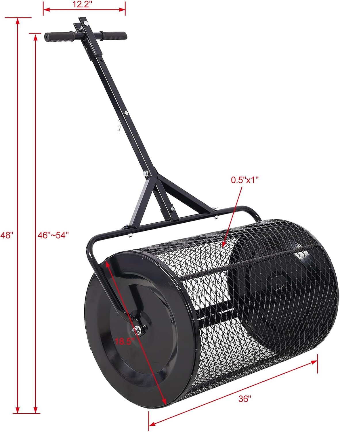 Compost Spreader - 24'' Peat Moss Spreader Manure Spreaders Roller with Adjustable T Shaped Handle Lightweight Metal Mesh Spreader for Lawn Garden Spreading Manure Topsoil, Black 0.5" x 1" Open Slits