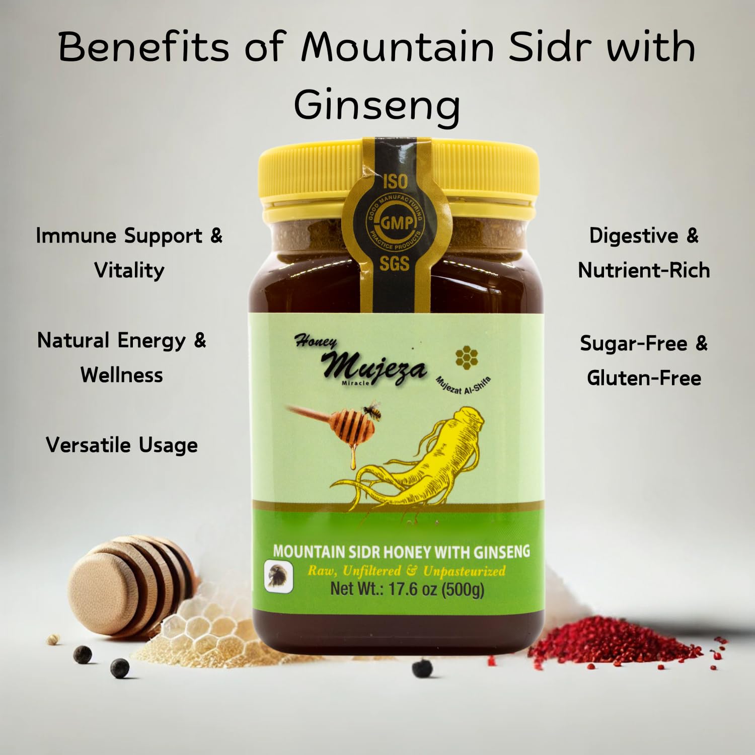 Authentic Mountain Sidr Honey - Jujube Honey, Supports Mental Health, Memory and Cognition, 100% Natural, Raw Liquid Honey, Gluten Free (500g / 17.6oz)