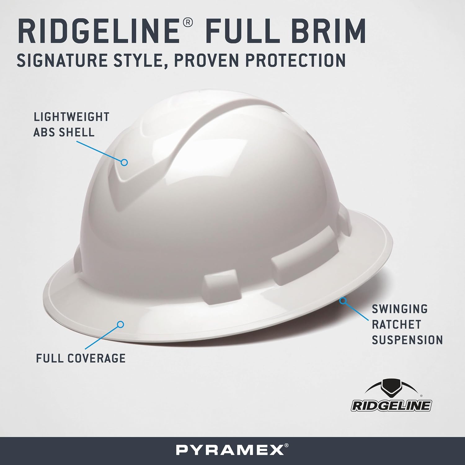 Pyramex Ridgeline Full Brim Hard Hat 4 Point Ratchet White | Full-brim sun & rain protection, HDPE shell, Ratchet suspension, Construction & utility, ANSI Z89.1 Type I Class C/G/E