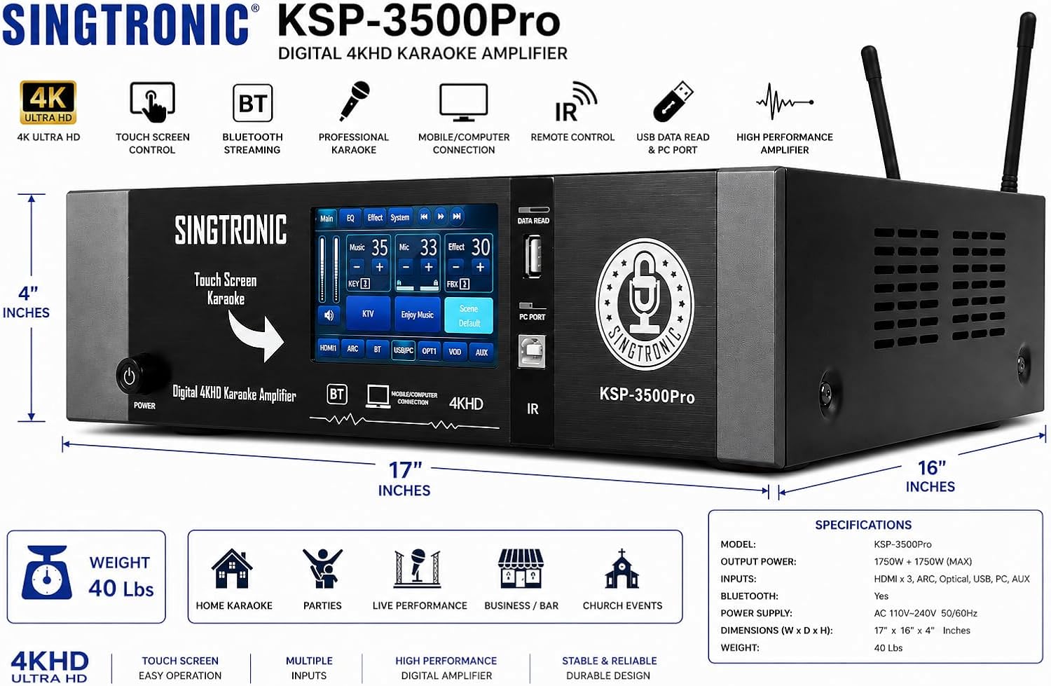 KSP-3500Pro Professional 3500W Digital 3 in 1 Karaoke Sound Processor Amplifier Free: 2 x Wireless Microphones Anti-Feedback