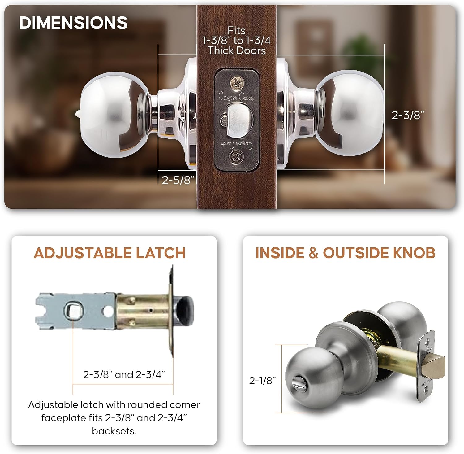 Copper Creek Privacy Interior Door Knob – ANSI Grade-3 Certified, Modern Heavy Duty Handle, Easy Install and Reversible for Bedroom, Bathroom & Closets – Satin Stainless (1 Pack)