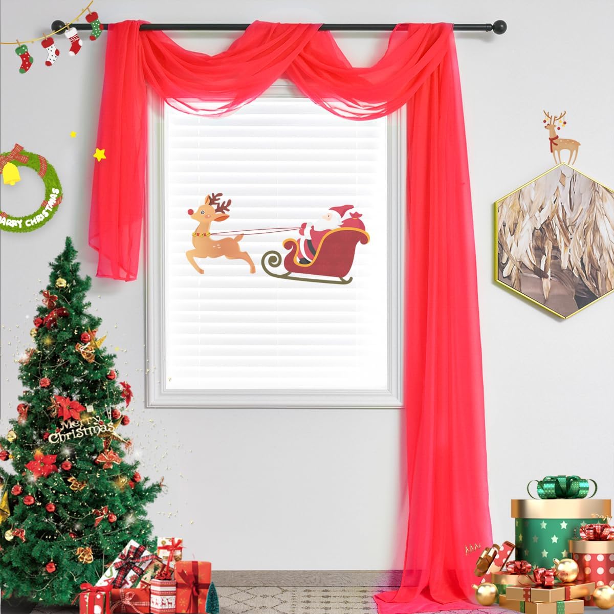 Christmas Red Sheer Window Scarf Valance for Windows Red Sheer Scarf Curtains 216 Inches Long for Living Room Bedroom Curtain Drapes Wedding Party