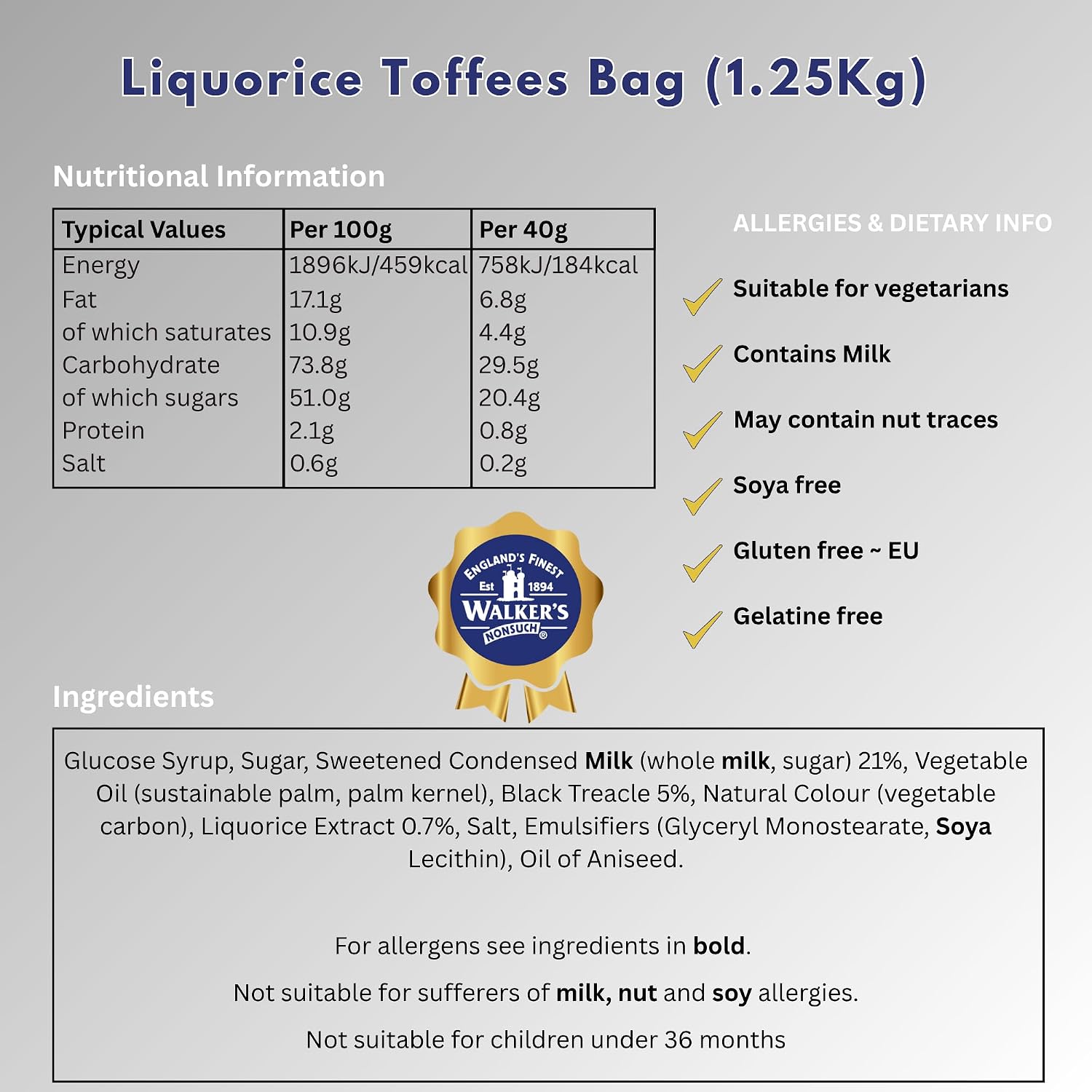 Walkers' Nonsuch Liquorice Toffees | with Condensed Milk & Black Treacle | Imported from the UK | Traditional British Candy | Old Fashioned Licorice Toffee | 44.09 Oz (1.25kg)