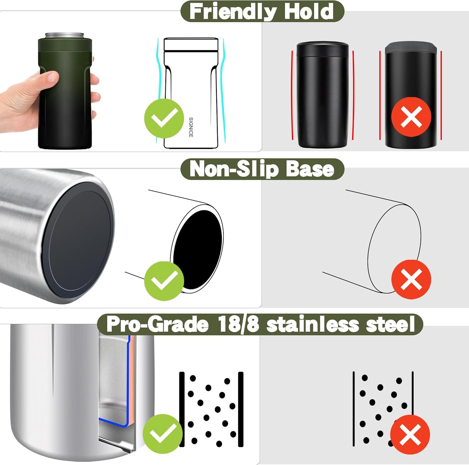 3 In 1 Insulated Universal Can Cooler - Signice Double Walled Vacuum Insulator Stainless Steel Slim Can Cooler for 12 Oz Skinny Tall Standard