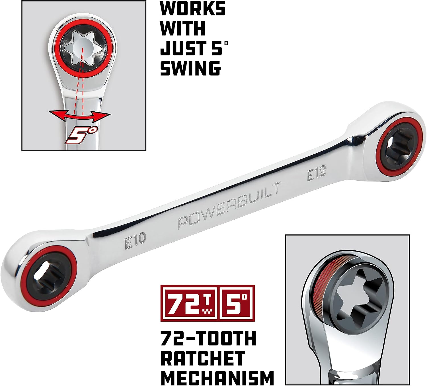 Powerbuilt E10/E12 Ratcheting Double Box-End E-Torx E-Star Wrench, 72-Tooth Ratcheting Wrench with 5-Degree Swing for Tight Spaces - 641760