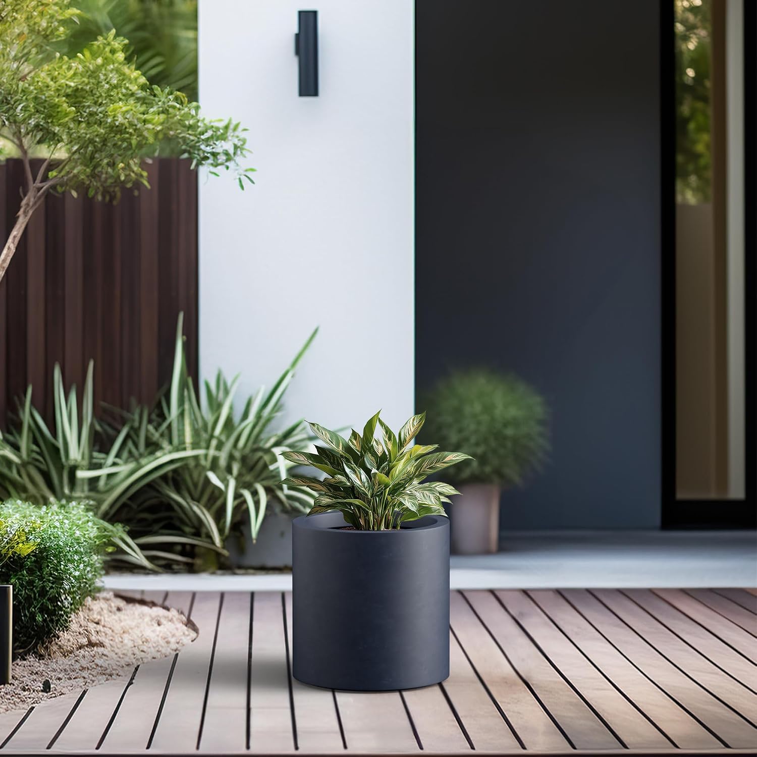 Kante Large Round Cylinder Charcoal Concrete Planter 15.8" Tall, Outdoor
