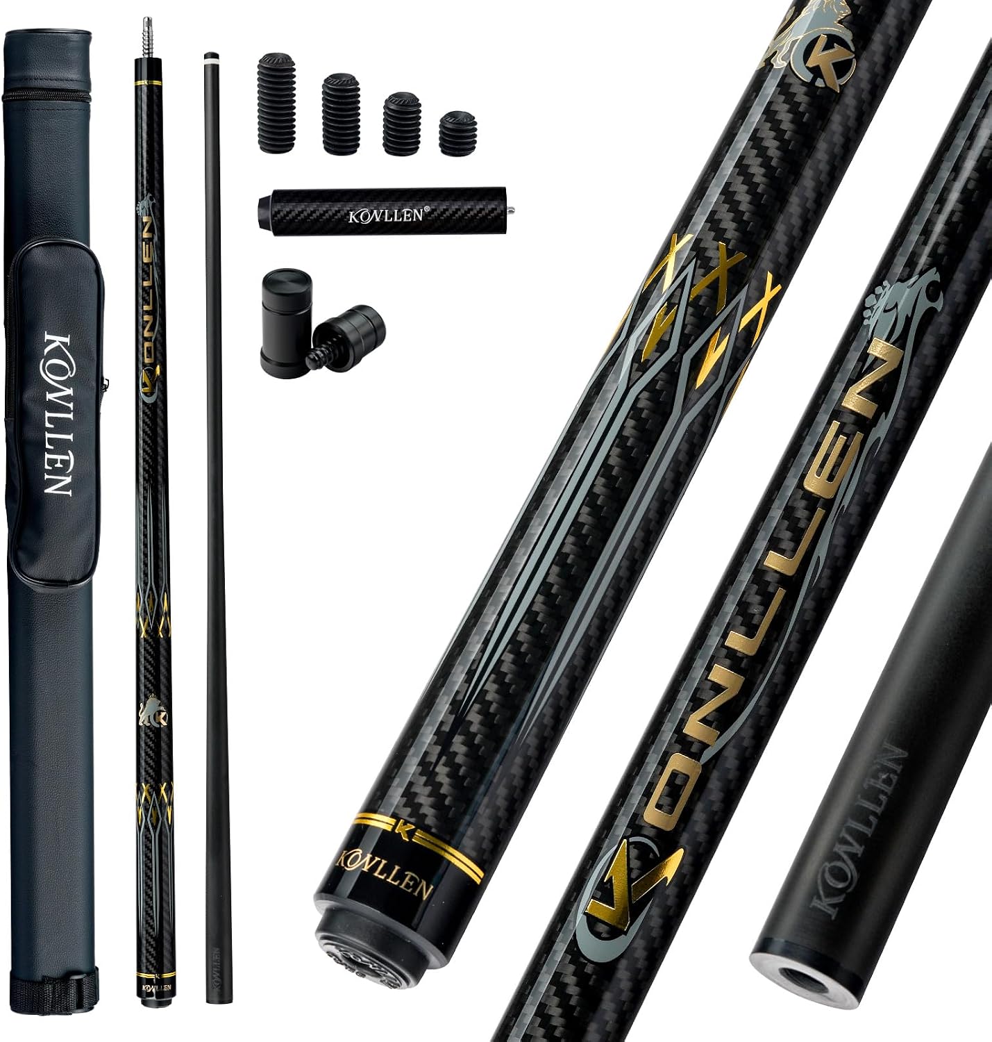 KONLLEN Carbon Fiber Pool Cue Stick 58-inch Professional Pool Sticks for Adults Full Carbon Technology Low Deflection Pool Cue Billiard Cues with 12.5mm Tip (Easy to Control, Pro Taper, Ultra-Smooth)