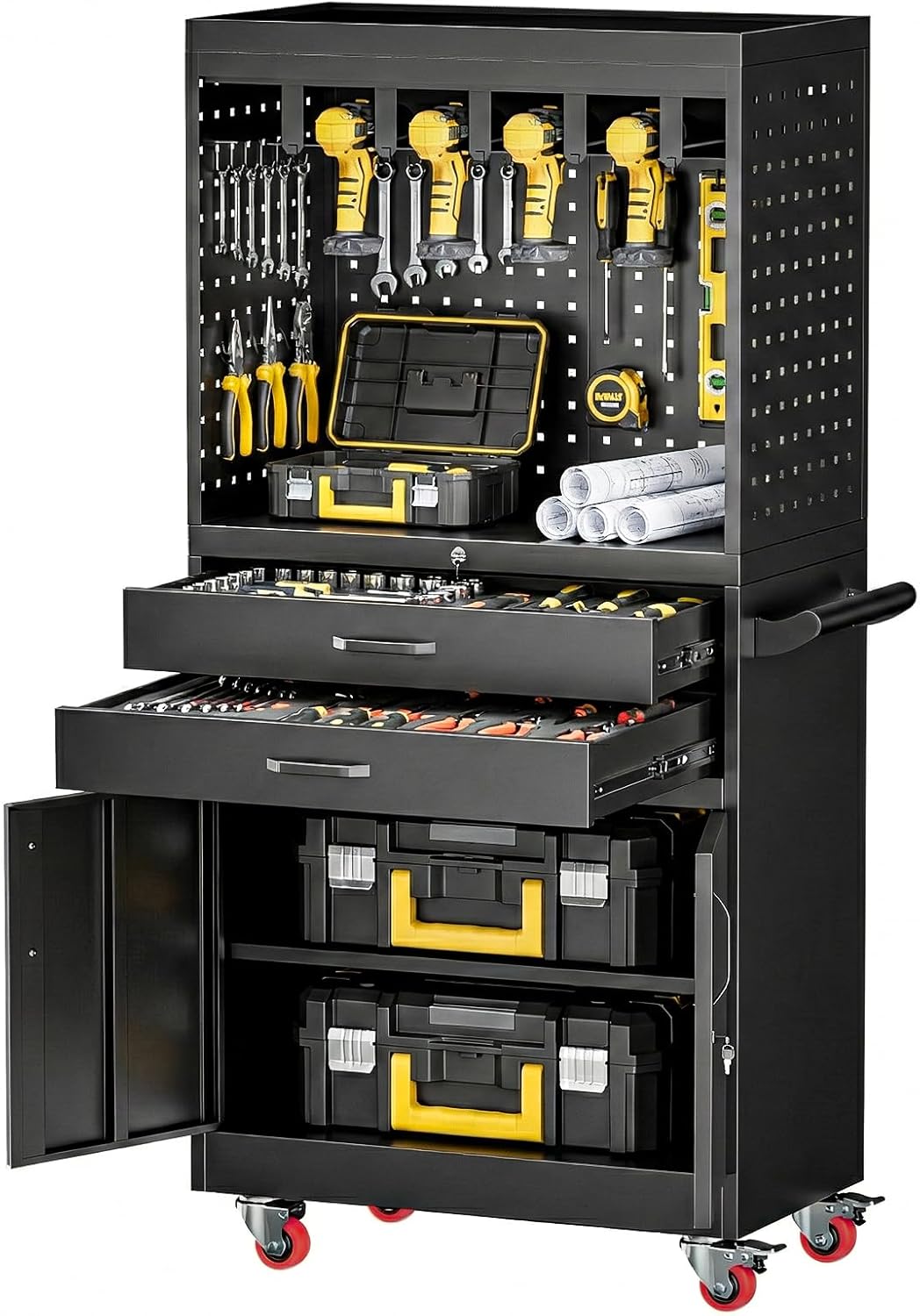 Mobile Tool Cart, Tool Chest with Locking Wheels, Charging Station | Large Storage - Heavy Duty Rolling Workbench for Garage, Workshop