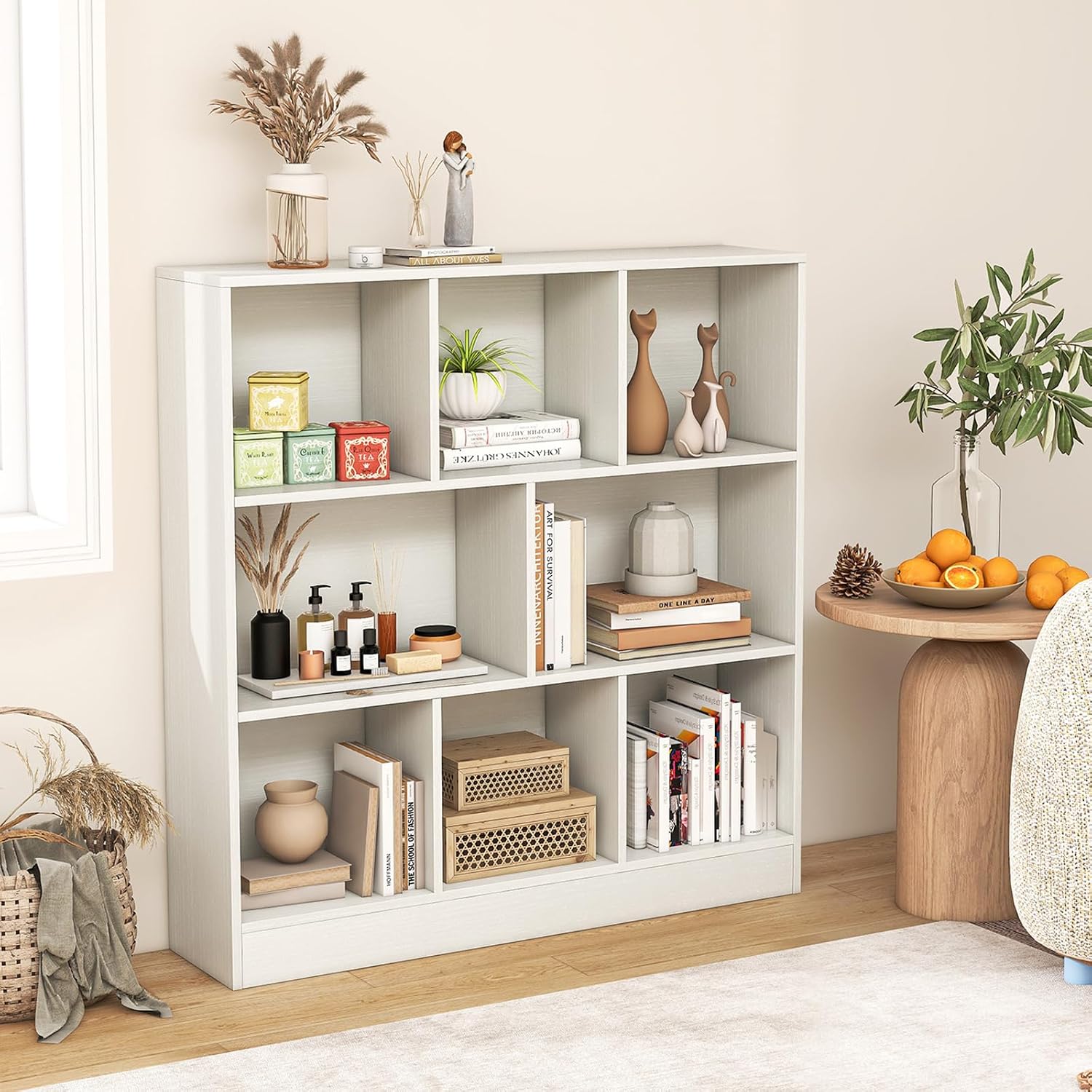 Giantex 8-Cube Bookcase, 3-Tier Cubby Bookshelf, Horizontal Vertical Display Rack with Anti-Tipping Kits, Modern Storage Organizer Shelf Unit for Bedroom, Living Room, Study (Natural, 8-Cube)