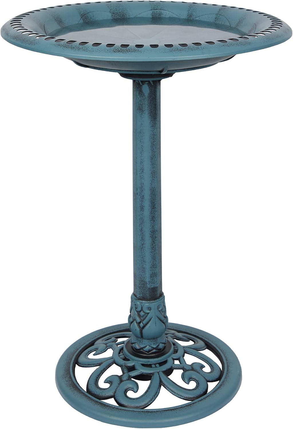 Alpine Corporation TEC116 Outdoor Aged Green Pedestal Birdbath with Scrollwork, 28" Tall, Green