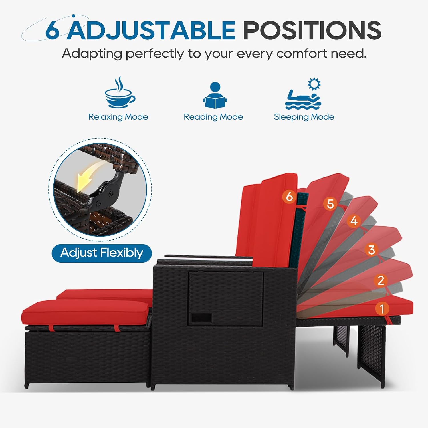 5PCS Outdoor Wicker Chaise Lounge Chair - Rattan Adjustable Reclining Patio Lounge Chair with Ottoman and Coffee Table
