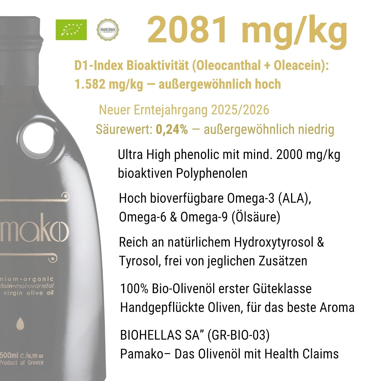 Pamako Ultra-Premium Monovarietal Mountain Organic Olive Oil | 500ml | 2023-4 Harvest | Cold Pressed Organic Evoo From Greece | 2039mg/kg