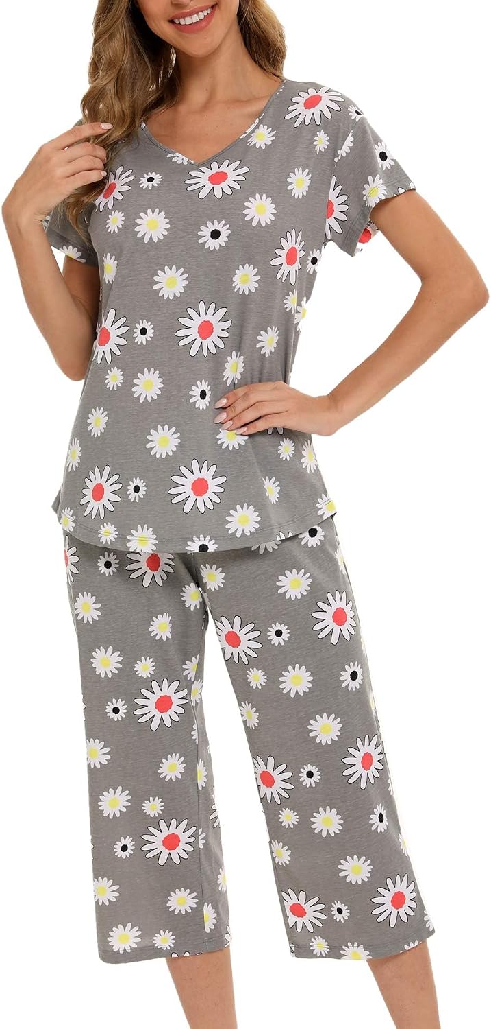 ENJOYNIGHT Womens Pajama Set Cotton Summer Pj Top with Capri Pant Sleepwear