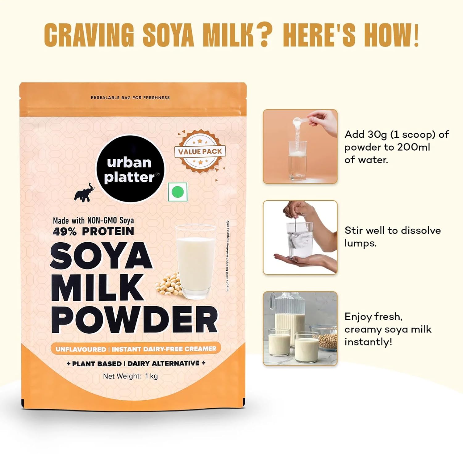Urban Platter Soya Milk Powder | 35.27 Oz (1kg) | 49% Plant Protein | Unflavored Soy Milk for Coffee, Tea, Smoothies, Baking & Cooking | Non-GMO, Dairy-Free, Vegan