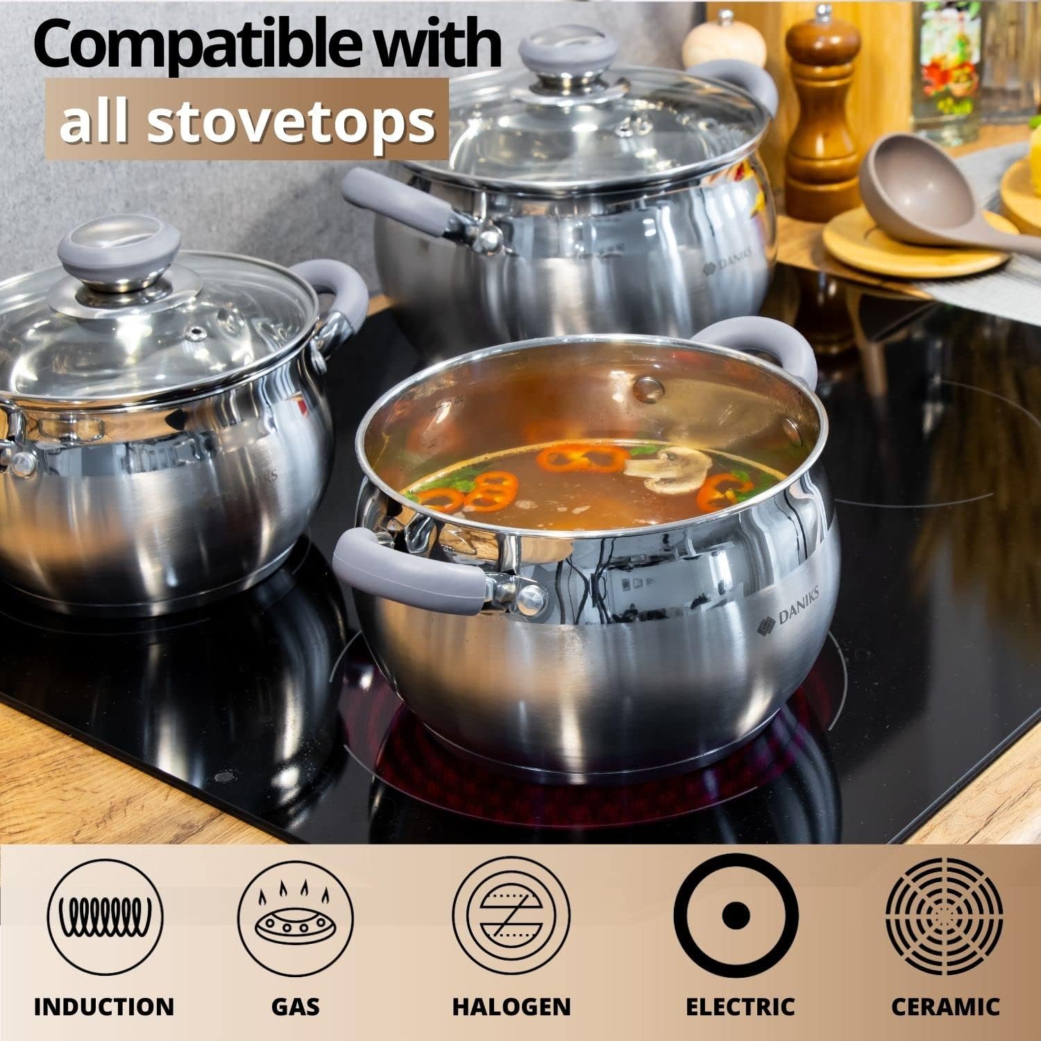Daniks Modern 4 Quart Stainless Steel Stock Pot with Glass Lid, Tri-Ply Bottom for Even Heating, Induction Compatible, Dishwasher Safe