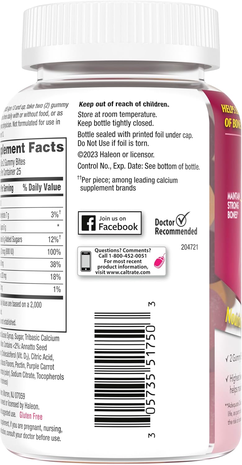 Caltrate Gummy Bites 600 Plus D3 Vitamin D and Calcium Supplement, 50 Count | Highest Level of Vitamin D3, Maximizes Calcium Absorption to Support Strong Bones and Daily Function