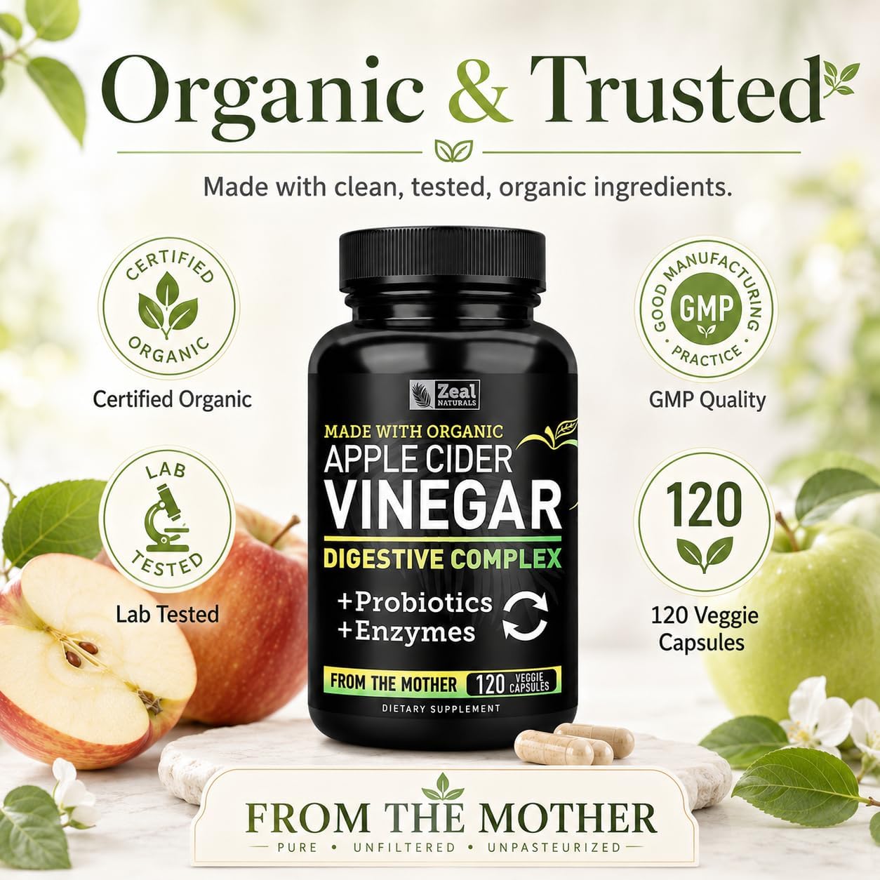 Zeal Organic Apple Cider Vinegar Capsules + Digestive Complex | GLP-1 Support