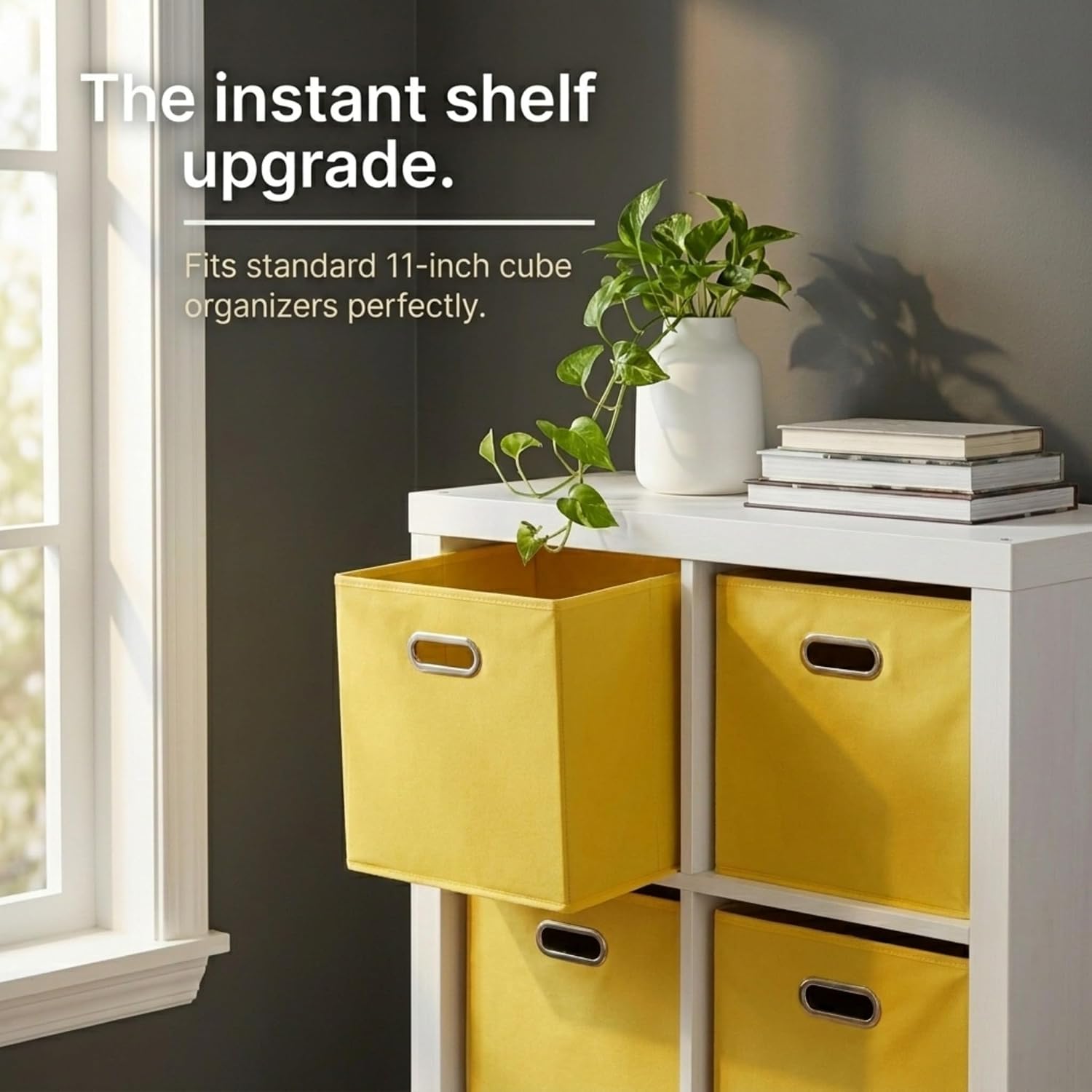 Household Essentials Fabric Storage Bins 6 Piece Set, Strong Poly-Woven Fabric, Sturdy Chipboard Sides, Grommet Front Handle, Stackable and Foldable, Classic Design, Navy