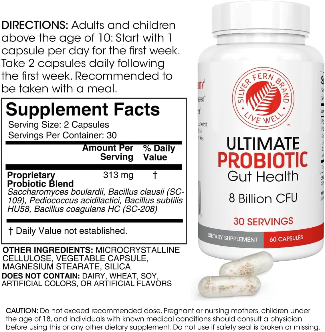 Silver Fern Brand Ultimate Probiotic - Probiotics for Women & Men | 8 Billion CFU Spore-Forming Gut Health Supplement - DNA Verified, Vegan, Shelf-Stable, High Survivability - 60 Capsules