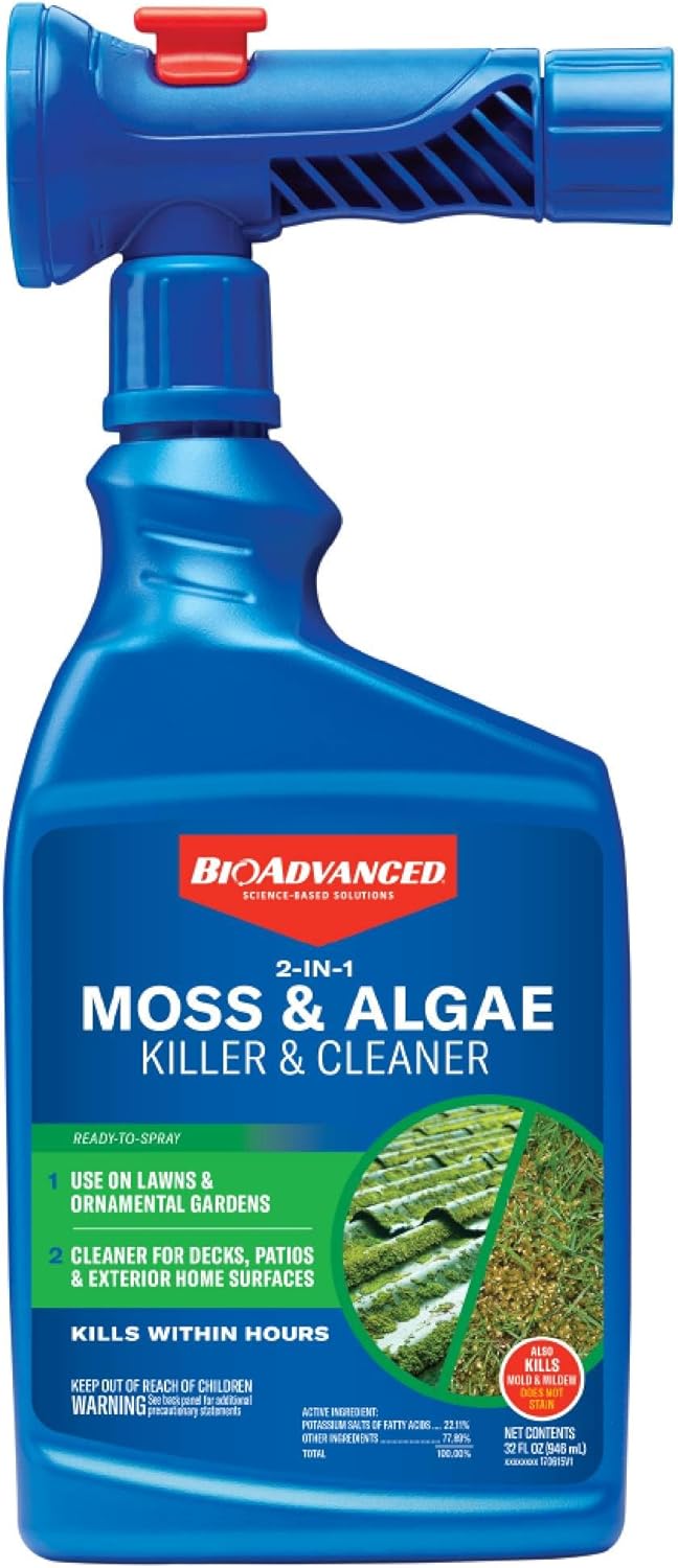 BioAdvanced 2-in-1 Moss and Algae Killer and Cleaner, Ready-to-Spray, 32 oz, 500 SQ FT | Ready-to-Spray - Use on Lawns, Ornamental Gardens