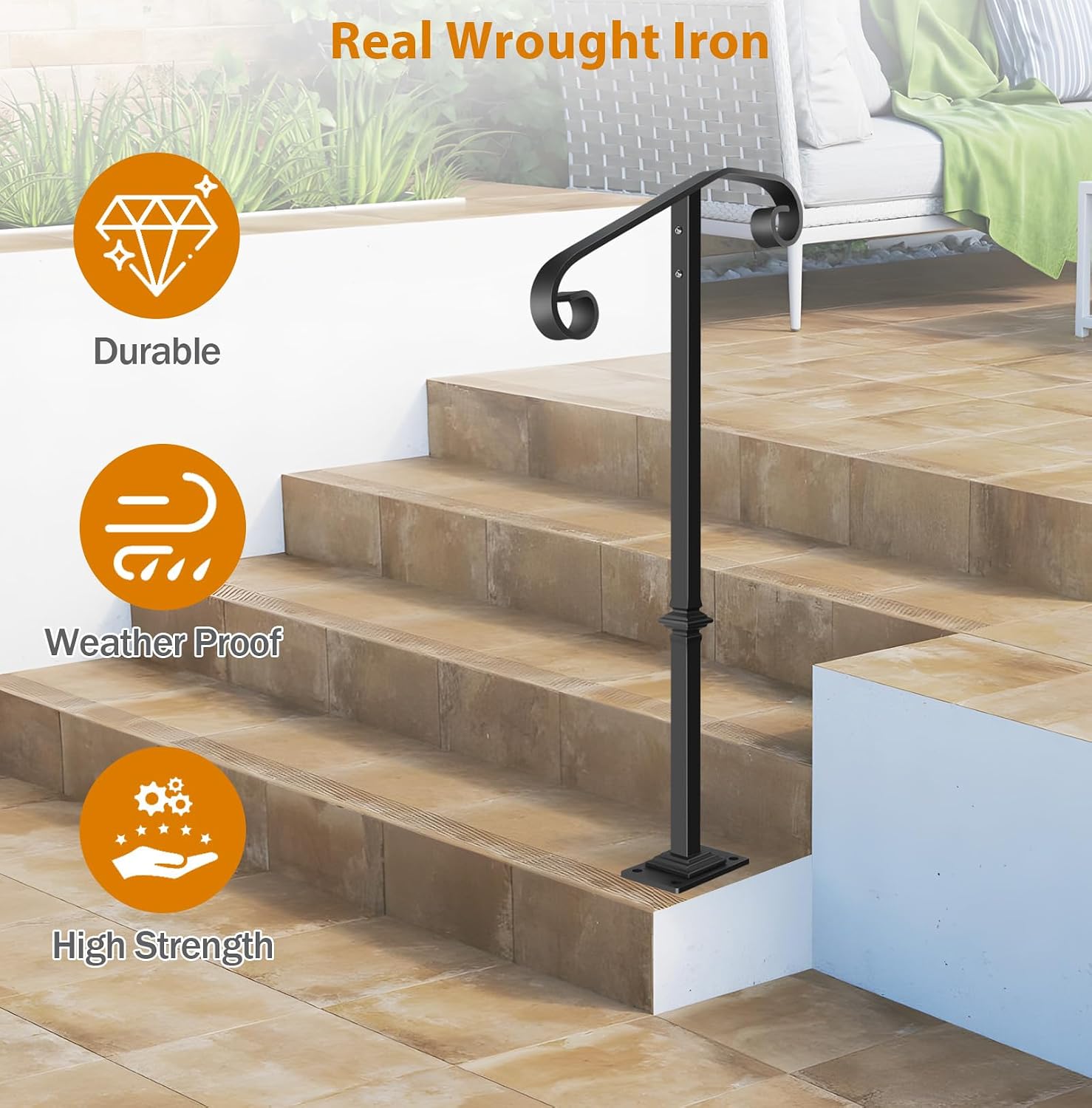 Wrought Iron Handrail 38.8" H, Single Post Handrail Fits 1 or 2 Steps