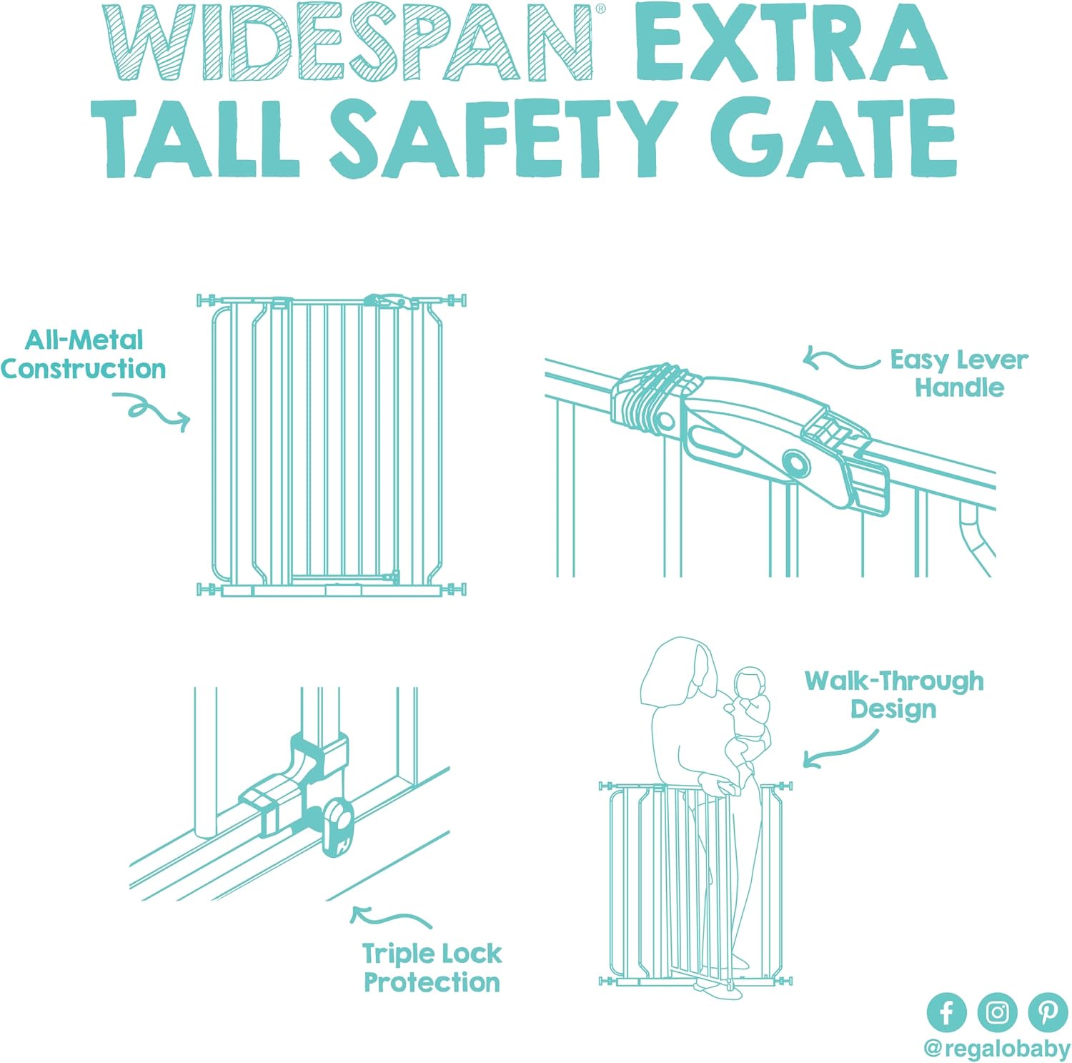 Regalo Safety 29"-49" Extra Wide Baby Gate, Bottom of Stairs & Doorways | Pressure Mounted with Door, For Babies, Toddlers & Pets, White, Tested & Trusted for 30 Years