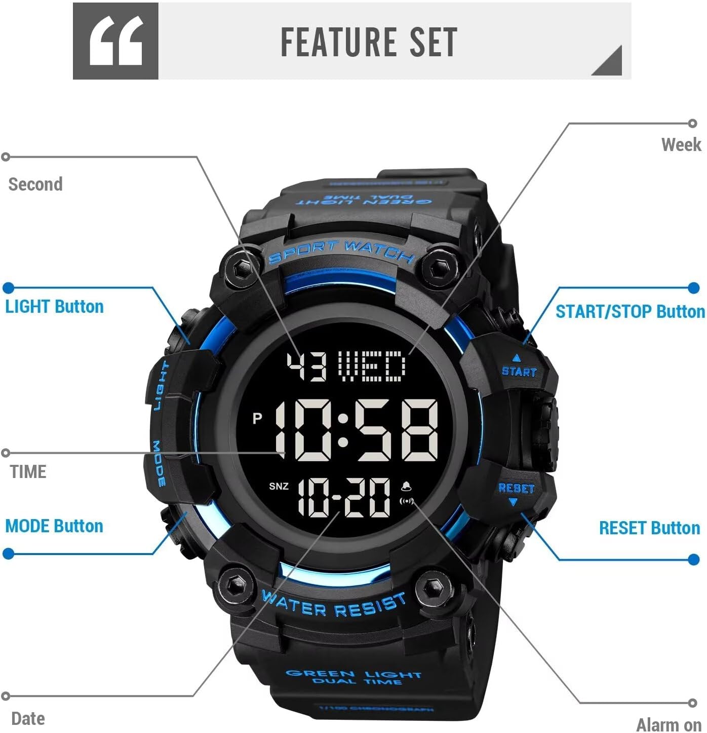 Gosasa Men Sport Watch Countdown Stopwatch Watch Mens Wrist Watch Waterproof LED Electronic Digital Male Watch 12/24 Hour Multifunctional Watch
